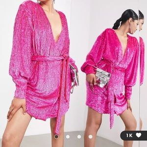 ASOS EDITION sequin wrap mini dress in hot pink